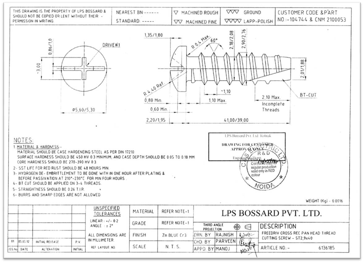 Drawings with detailed specification of the fastener