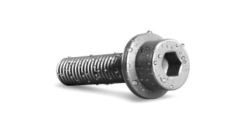 A hex screw with water drops on it.